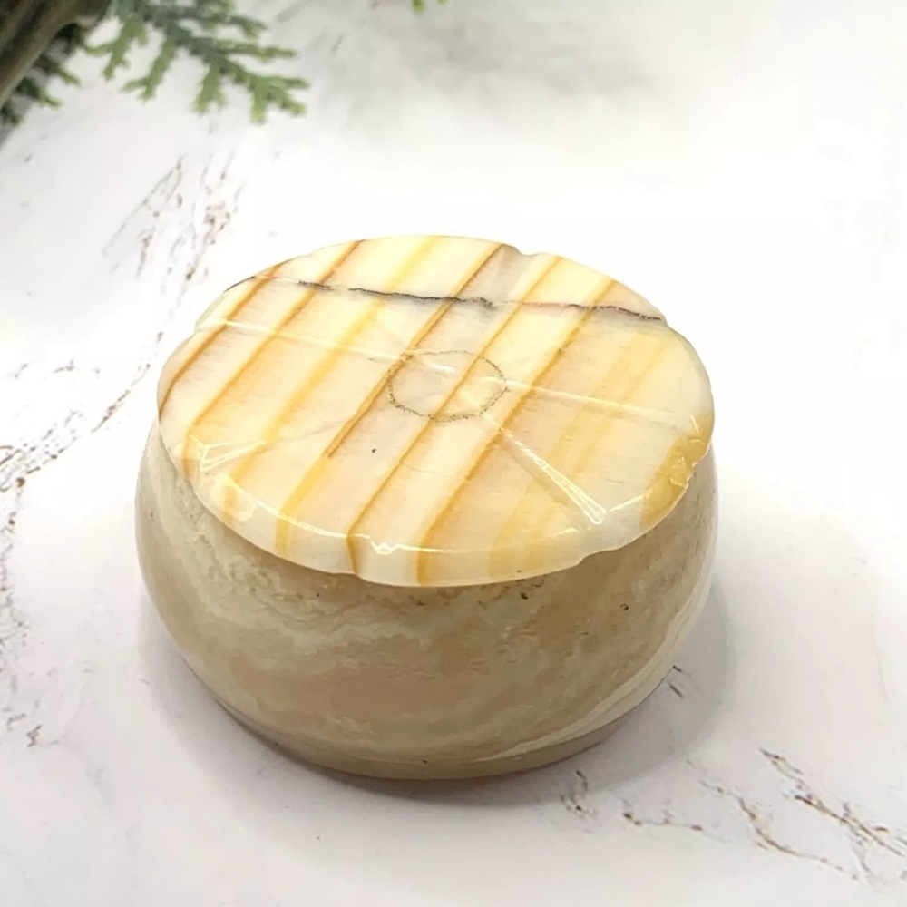 Carved Stone Round Trinket Jewelry Box Made in  Mexico • Collectible